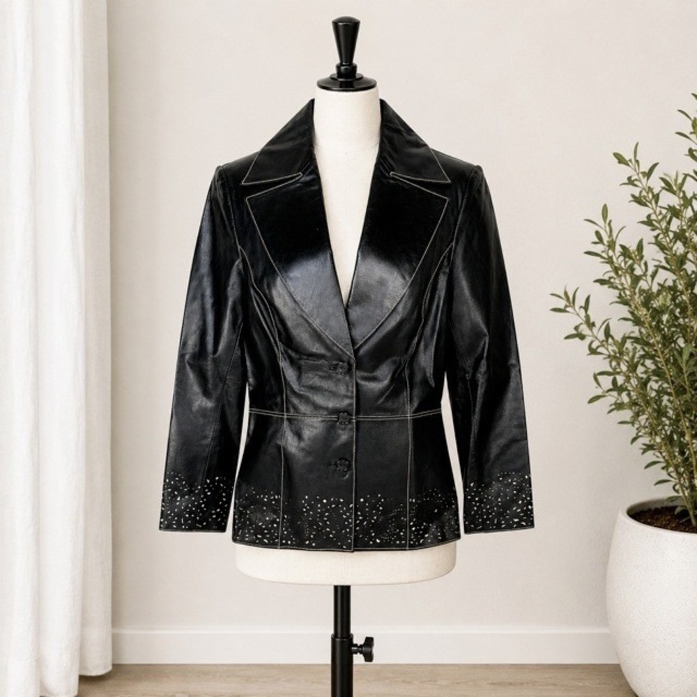 Black Genuine Leather Blazer Womens 8 M Fitted Laser Cut Detail NWT